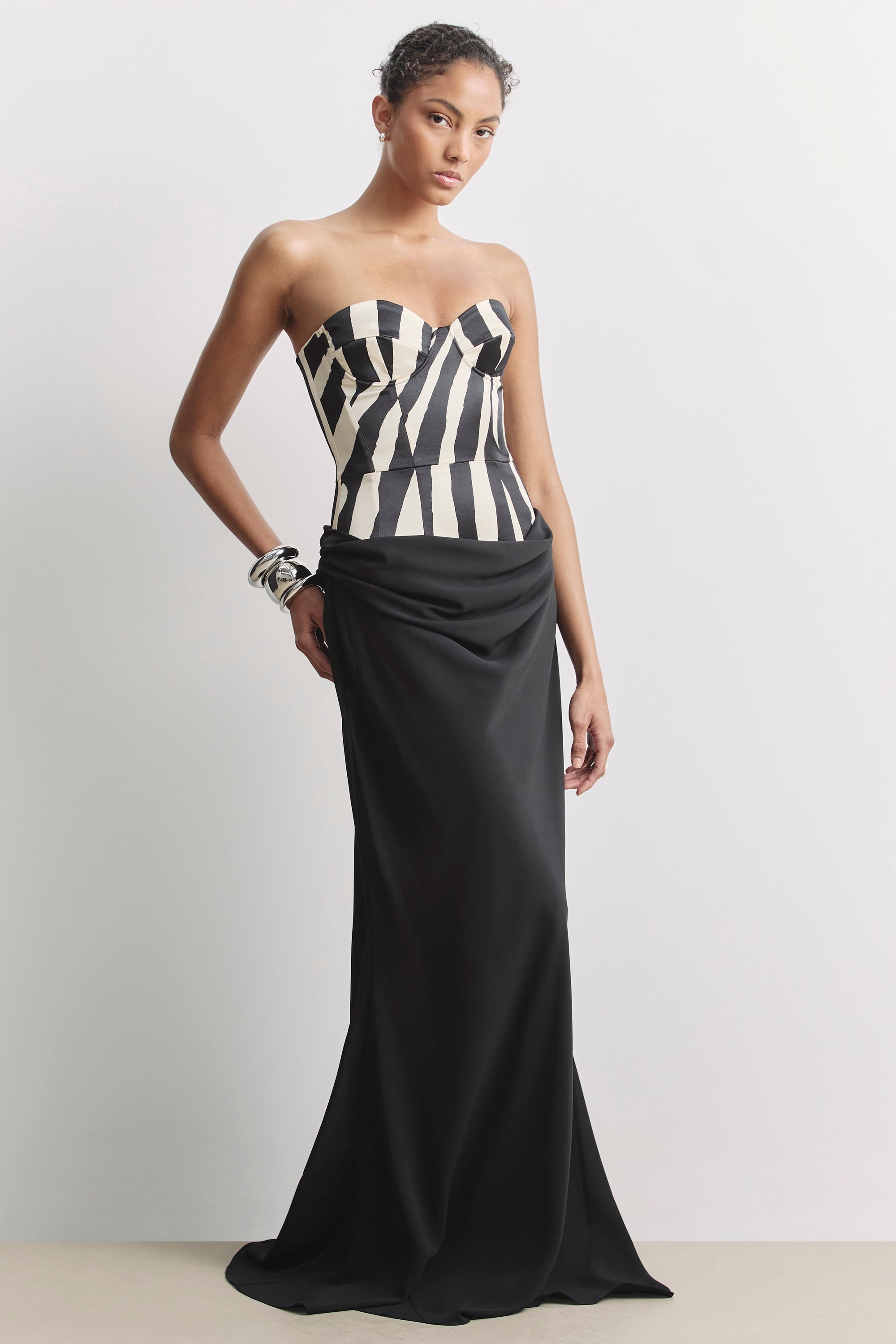 Satin Corset Gown With Draped Hip - Abstract Zebra