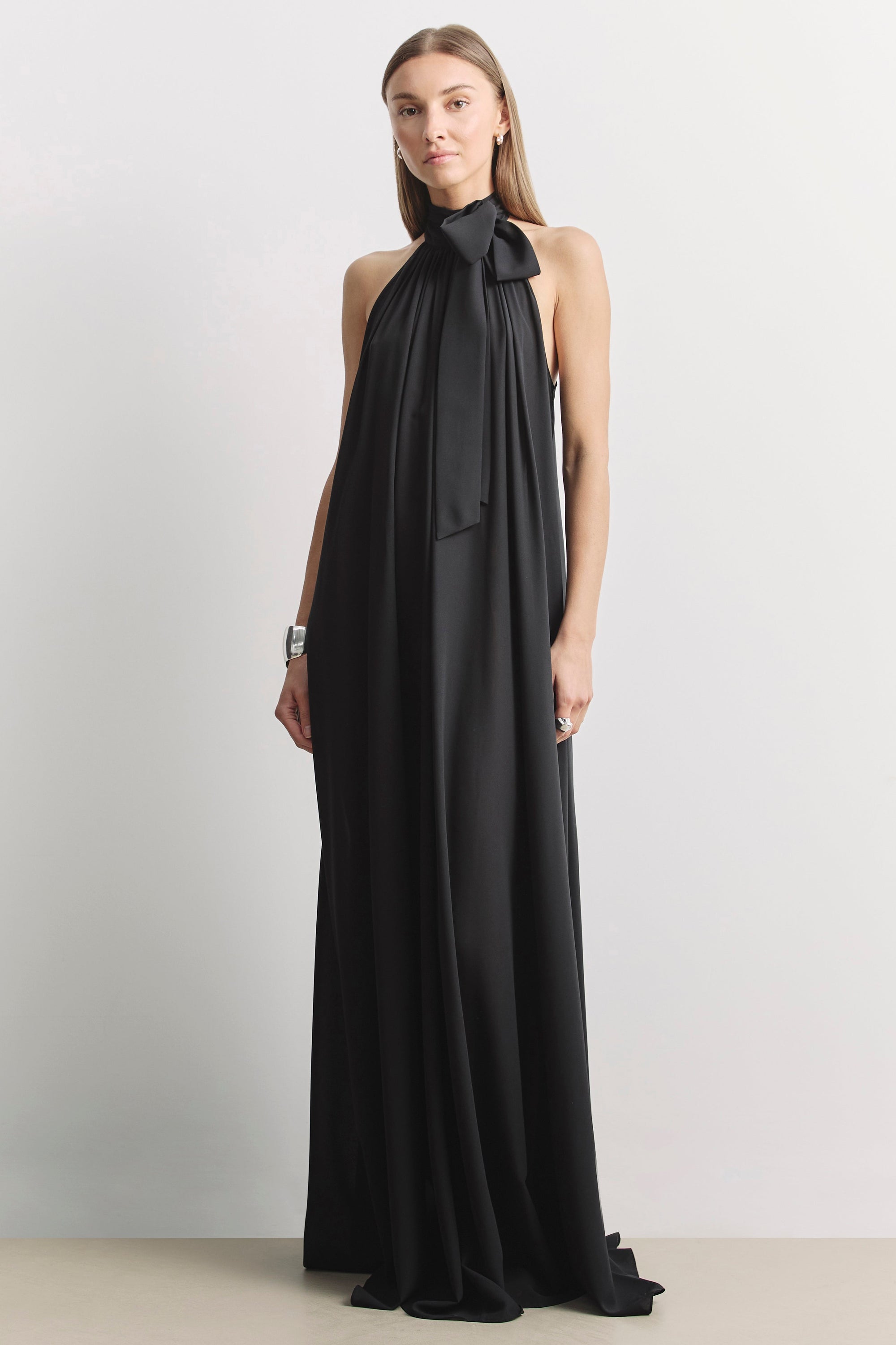Sheer Chiffon High Neck Volume Maxi Dress - Black