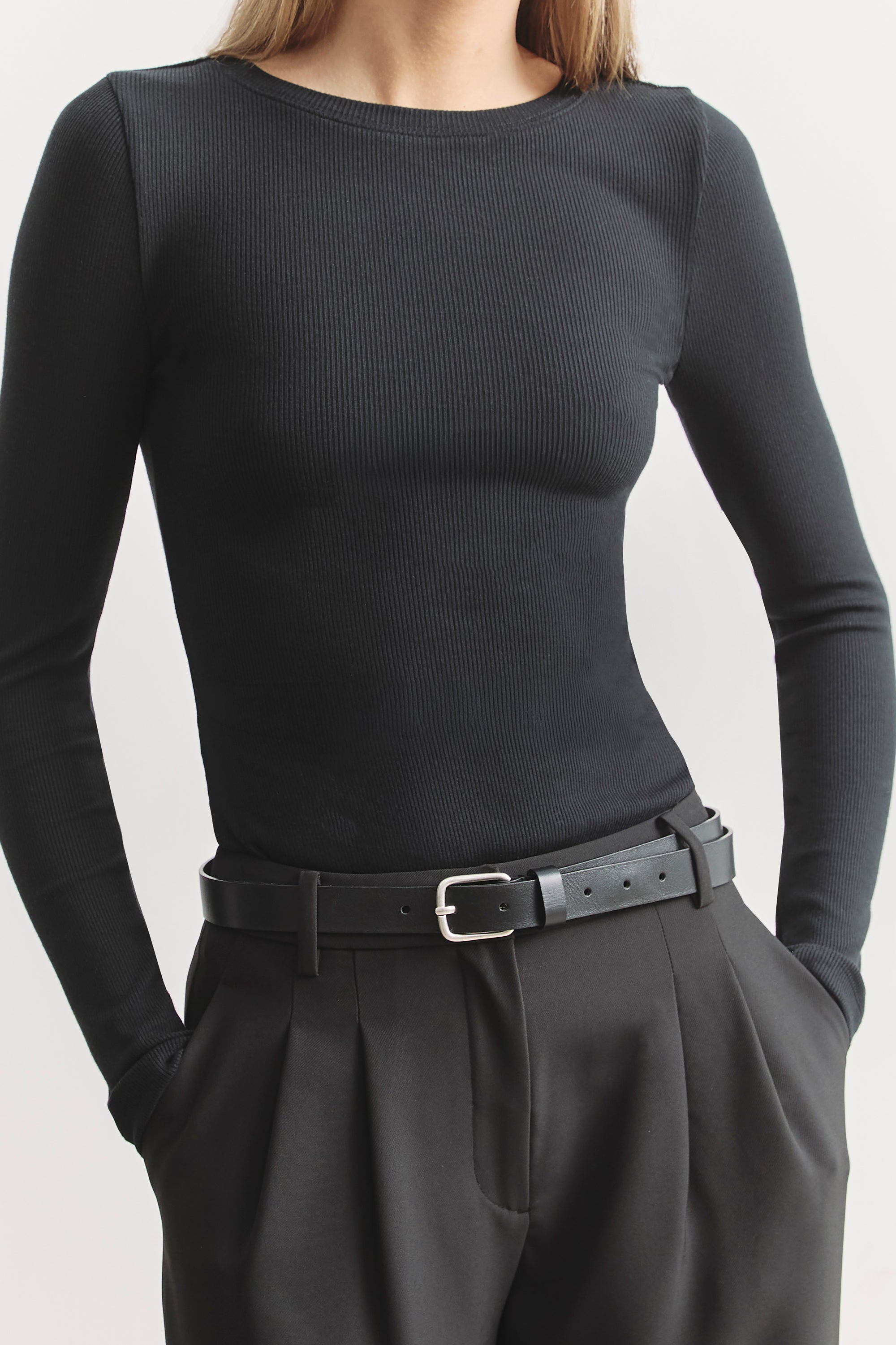 Soft Ribbed Long Sleeve Top - Black