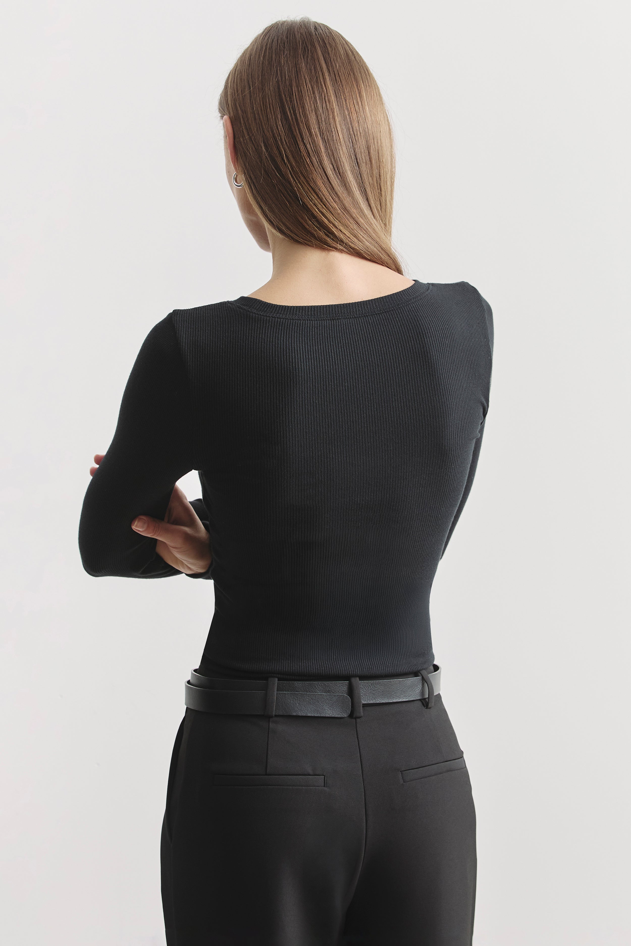 Soft Ribbed Long Sleeve Top - Black