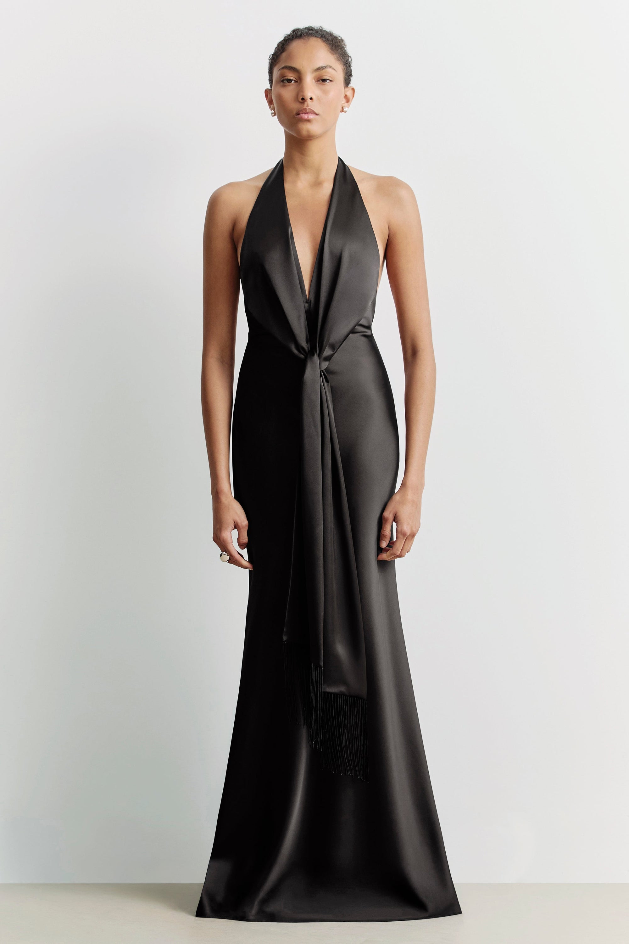 Plunging Knot Detail Gown with Fringing - Black