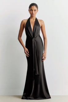 Plunging Knot Detail Gown with Fringing - Black