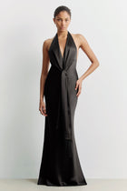 Plunging Knot Detail Gown with Fringing - Black
