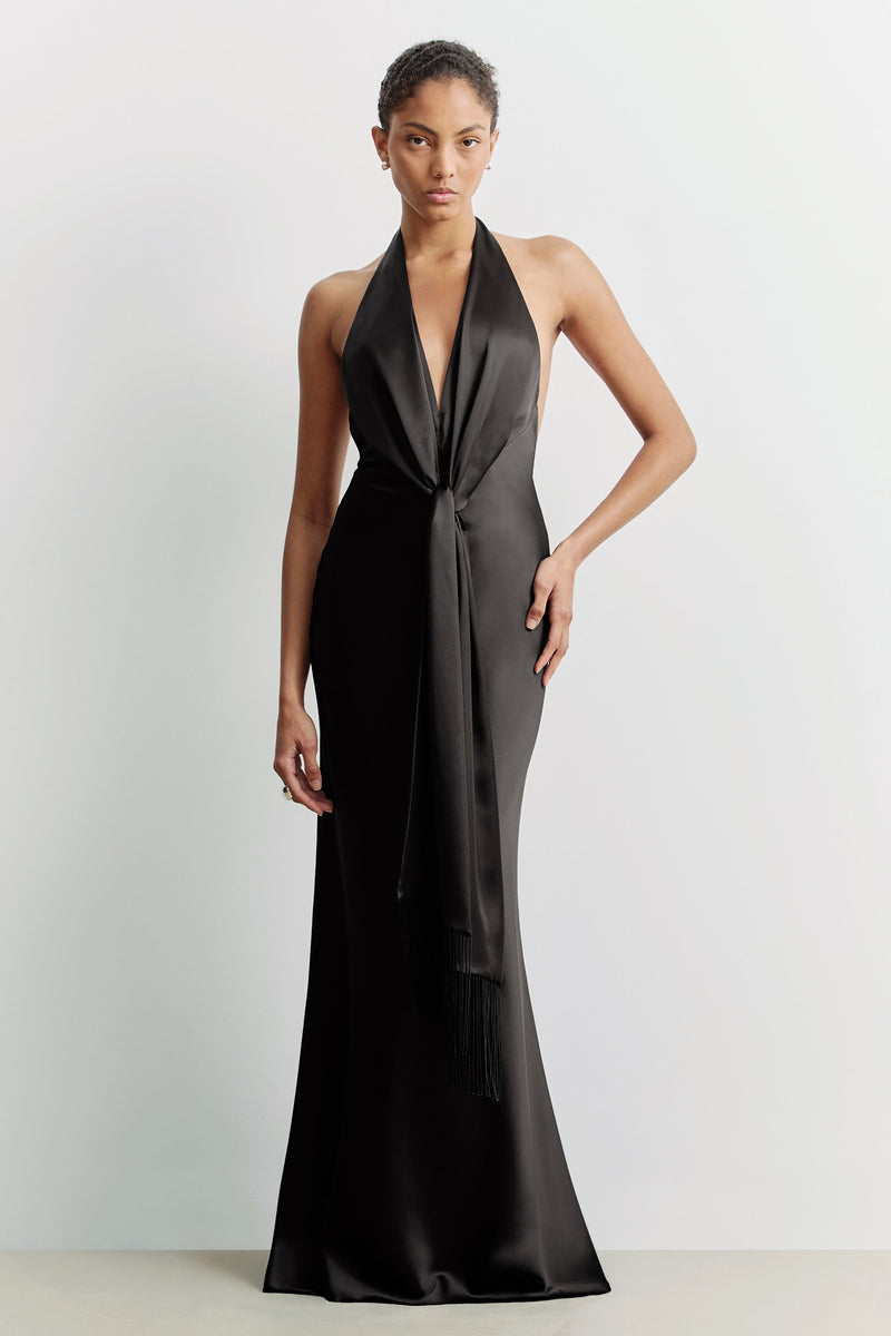 Plunging Knot Detail Gown with Fringing - Black