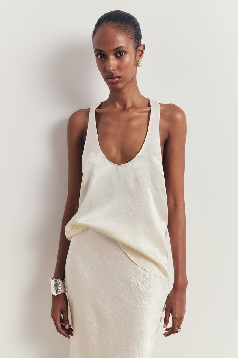 Crushed Satin Plunge U Neck Tank Top - Champagne