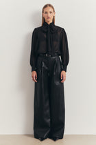 Sheer Chiffon Tie Neck Blouse - Black