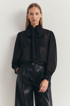Sheer Chiffon Tie Neck Blouse - Black