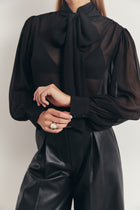 Sheer Chiffon Tie Neck Blouse - Black