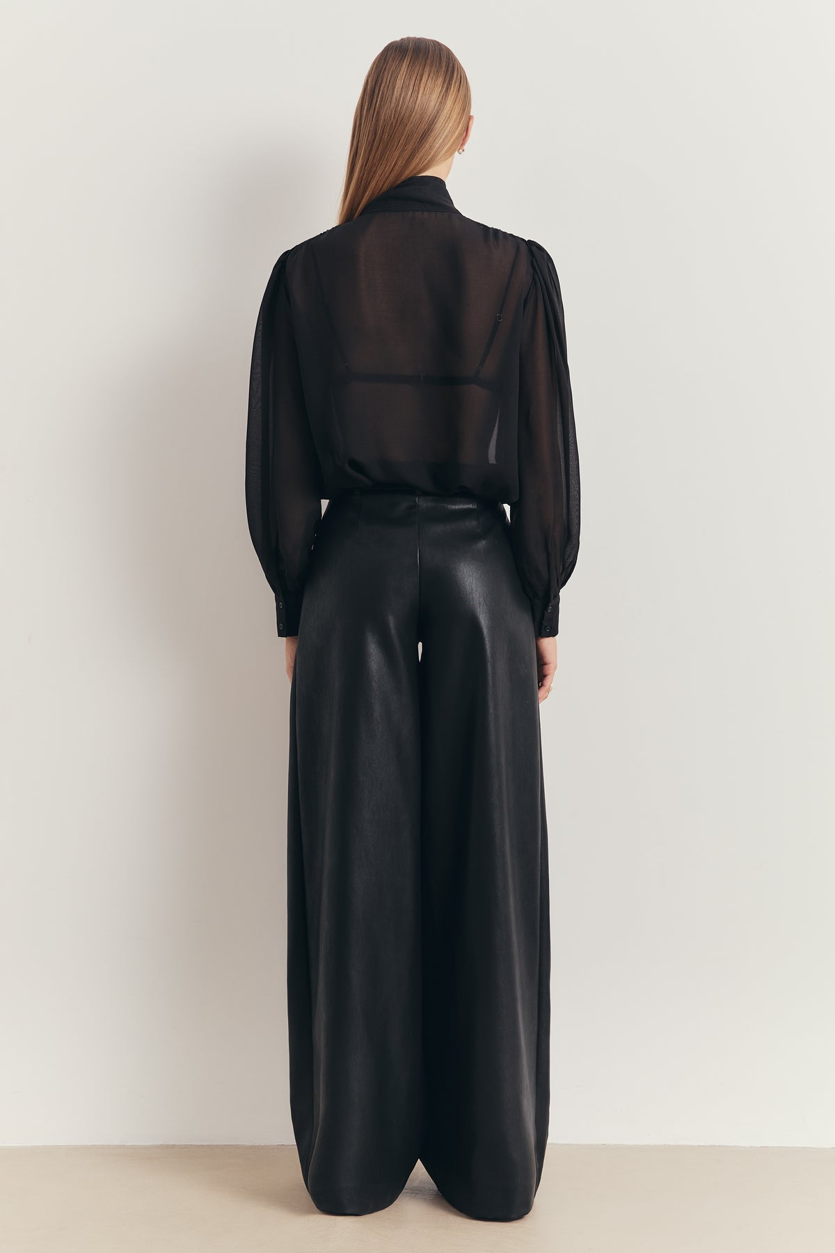 Sheer Chiffon Tie Neck Blouse - Black