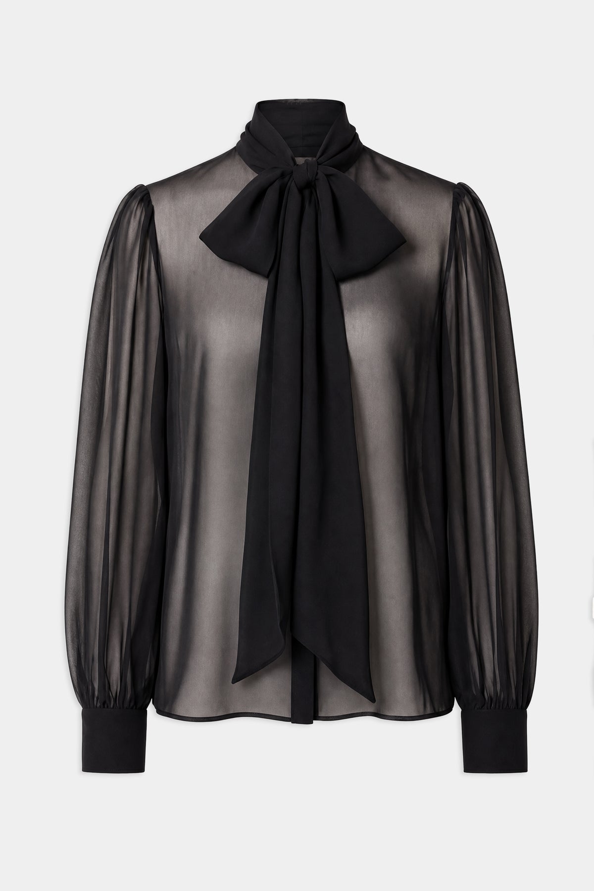 Sheer Chiffon Tie Neck Blouse - Black