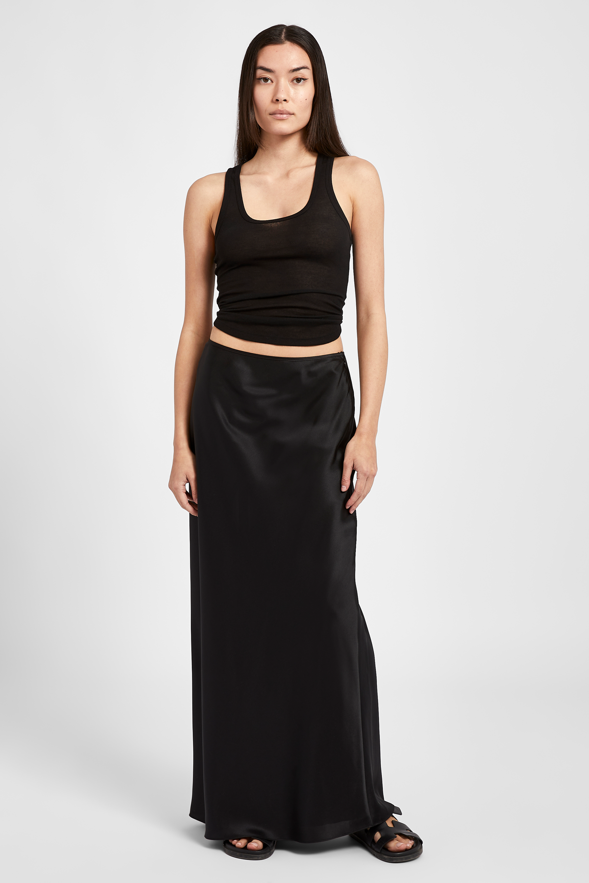 Satin Mid Rise Maxi Skirt - Black