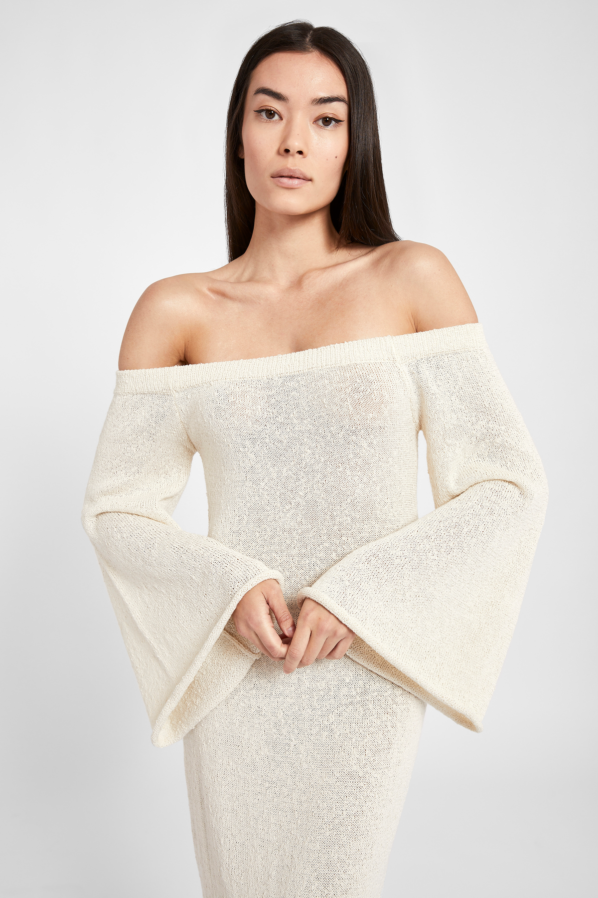 Crochet Knit Off Shoulder Maxi Dress - Cream