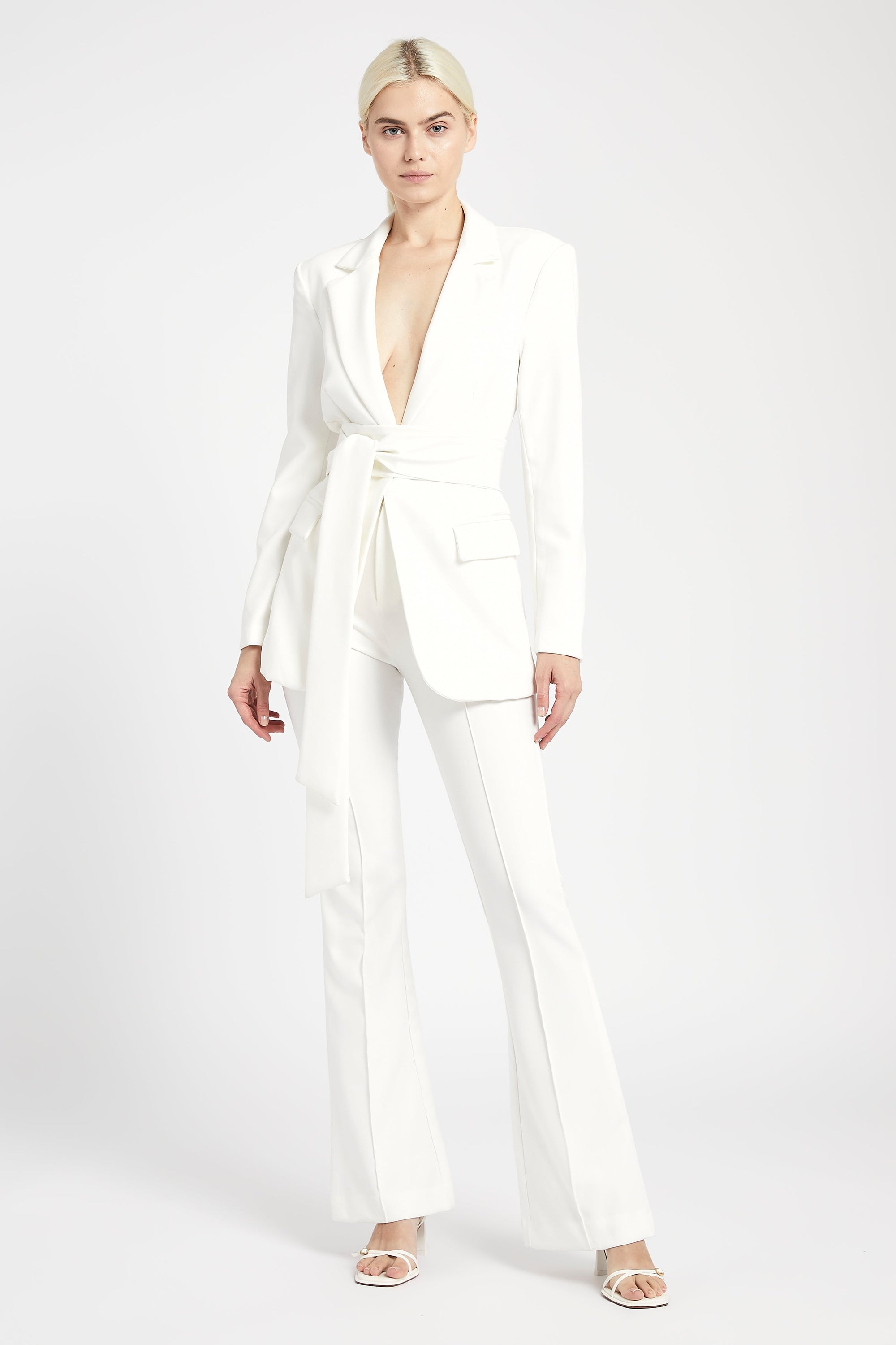 Classic Blazer With Belt - White