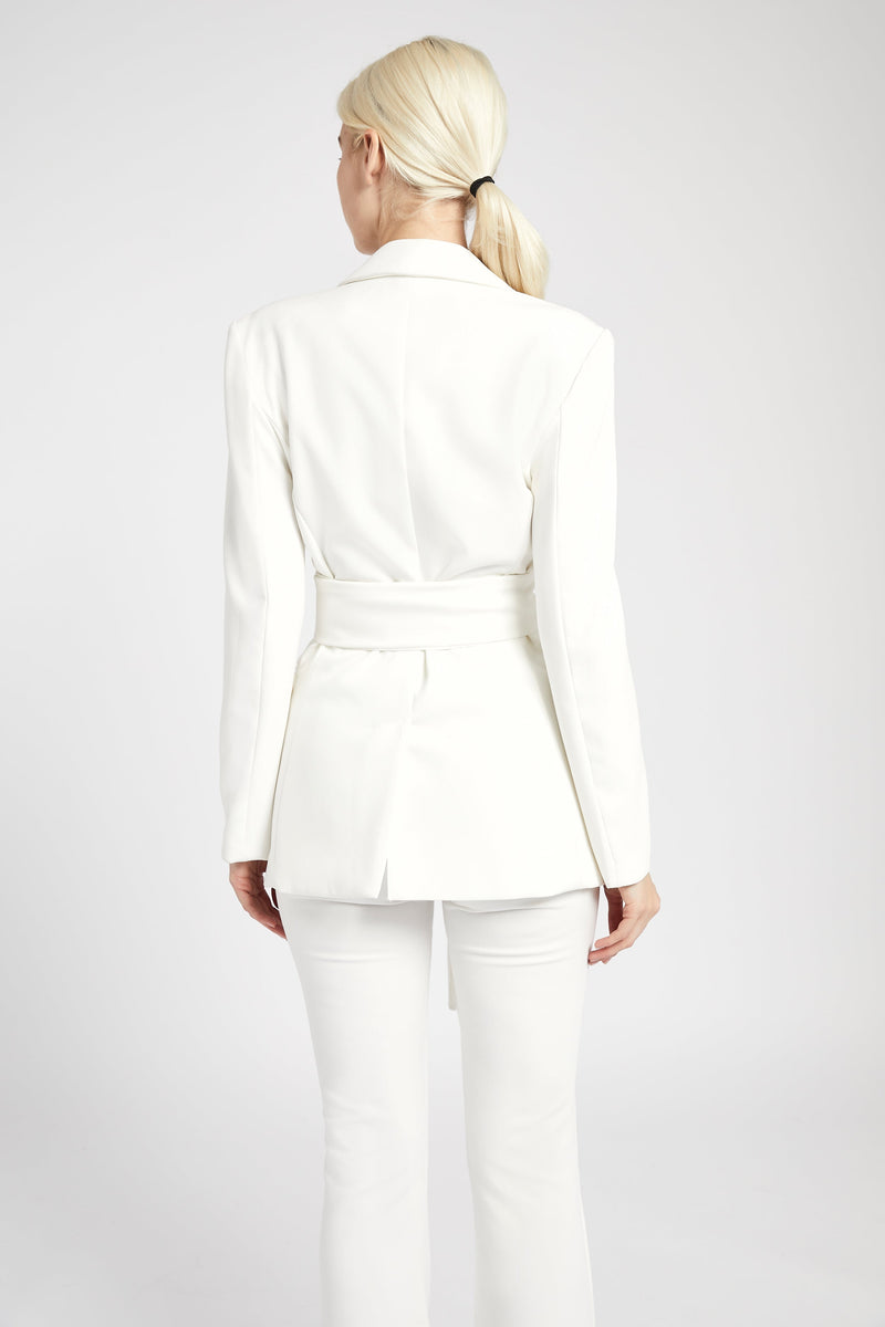 Classic Blazer With Belt - White