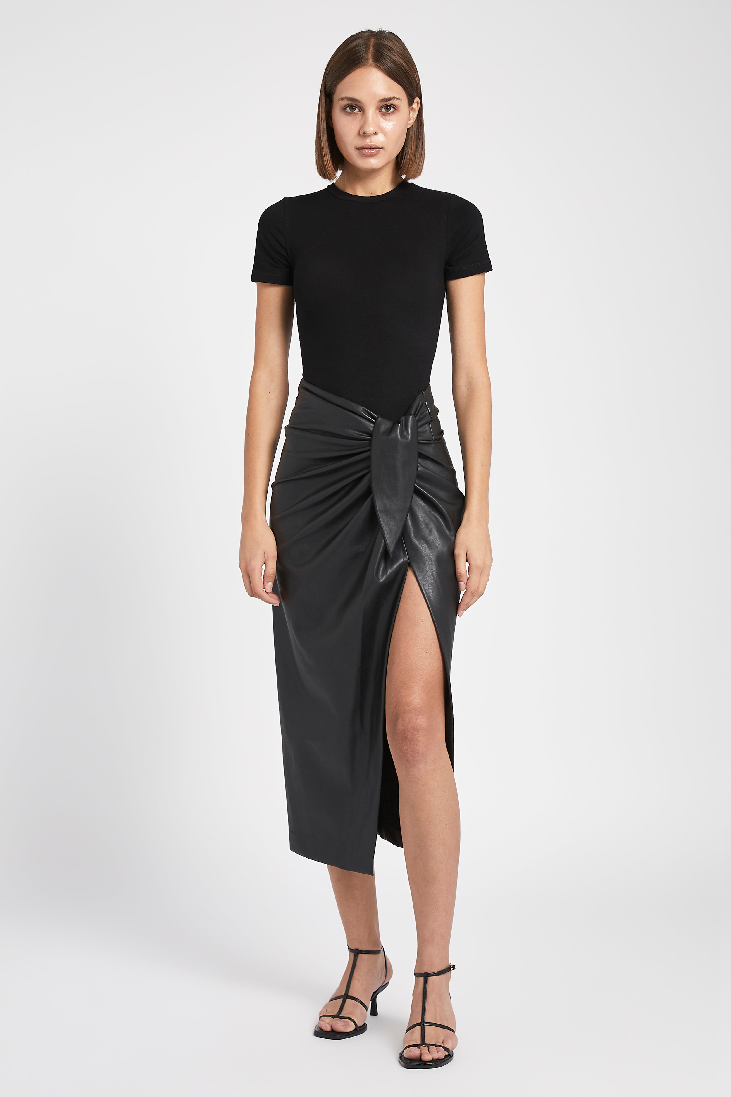 Leather Wrap Midi Skirt - Black