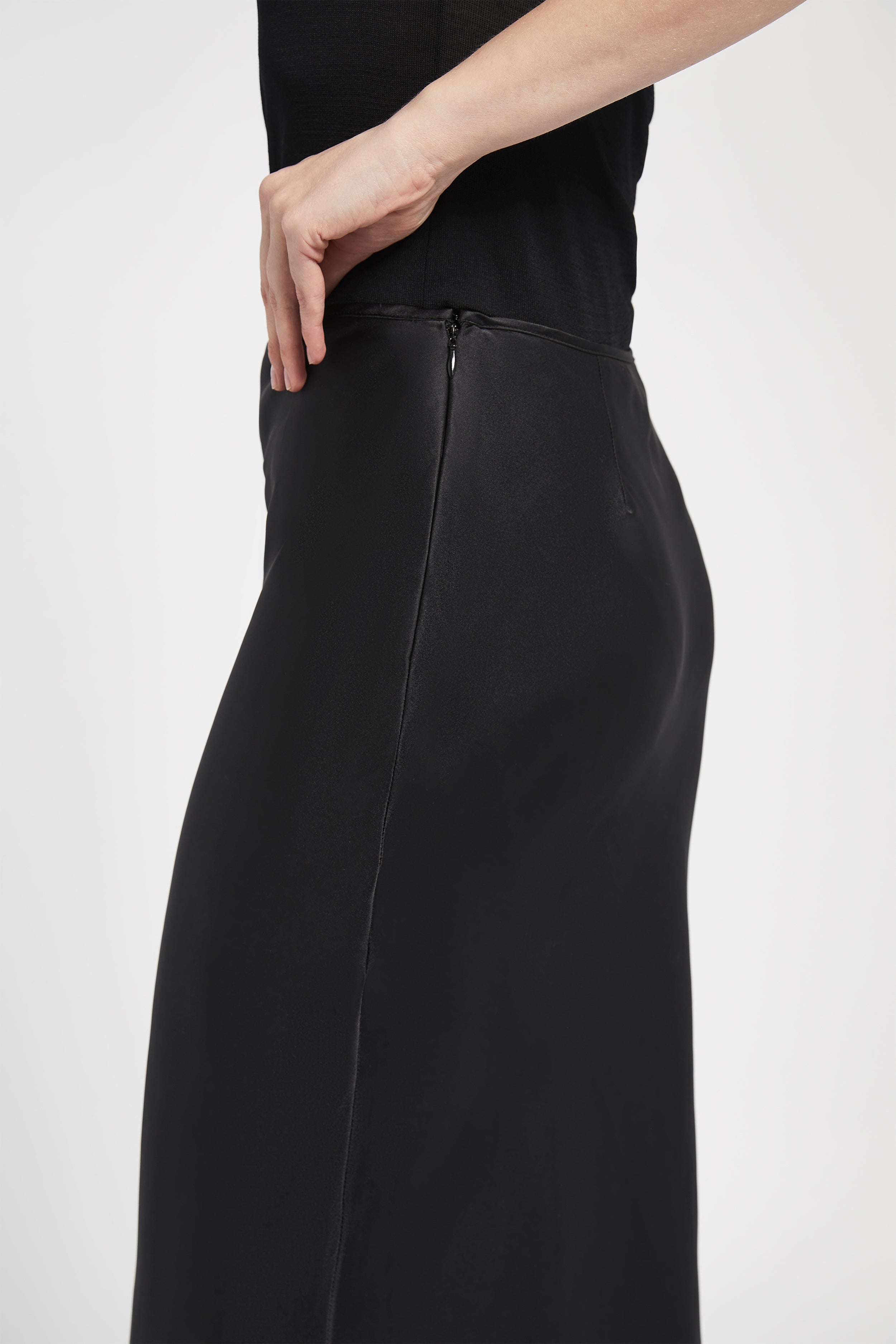 Satin Slip Midi Skirt - Black