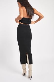 Ribbed Knit Midi Skirt - Black