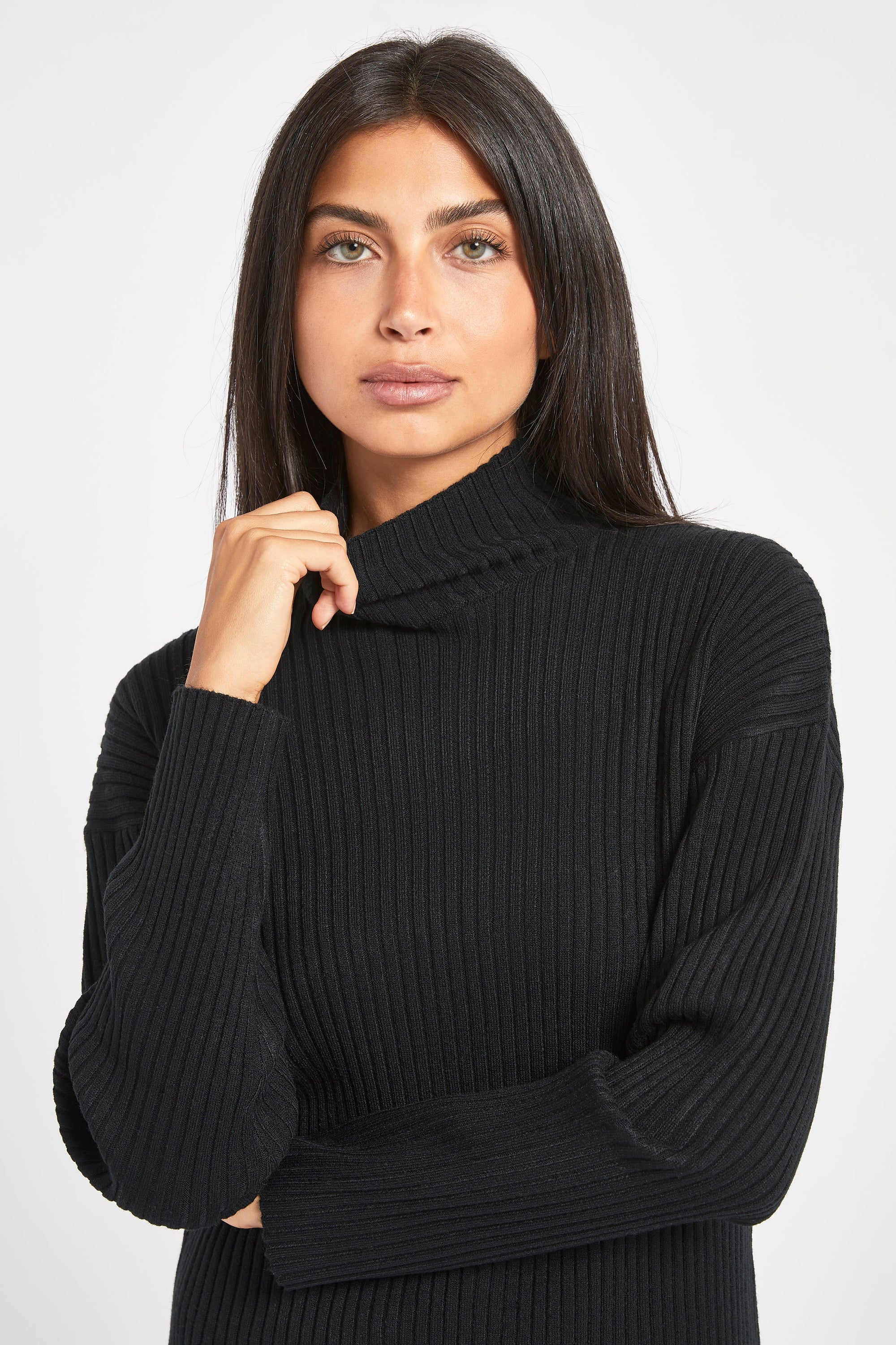 Ribbed Knit High Neck Jumper - Black