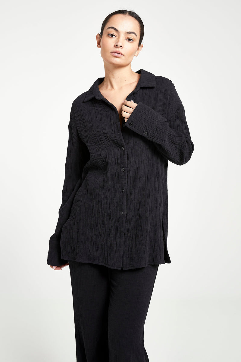 Cotton Crinkle Oversized Shirt - Black