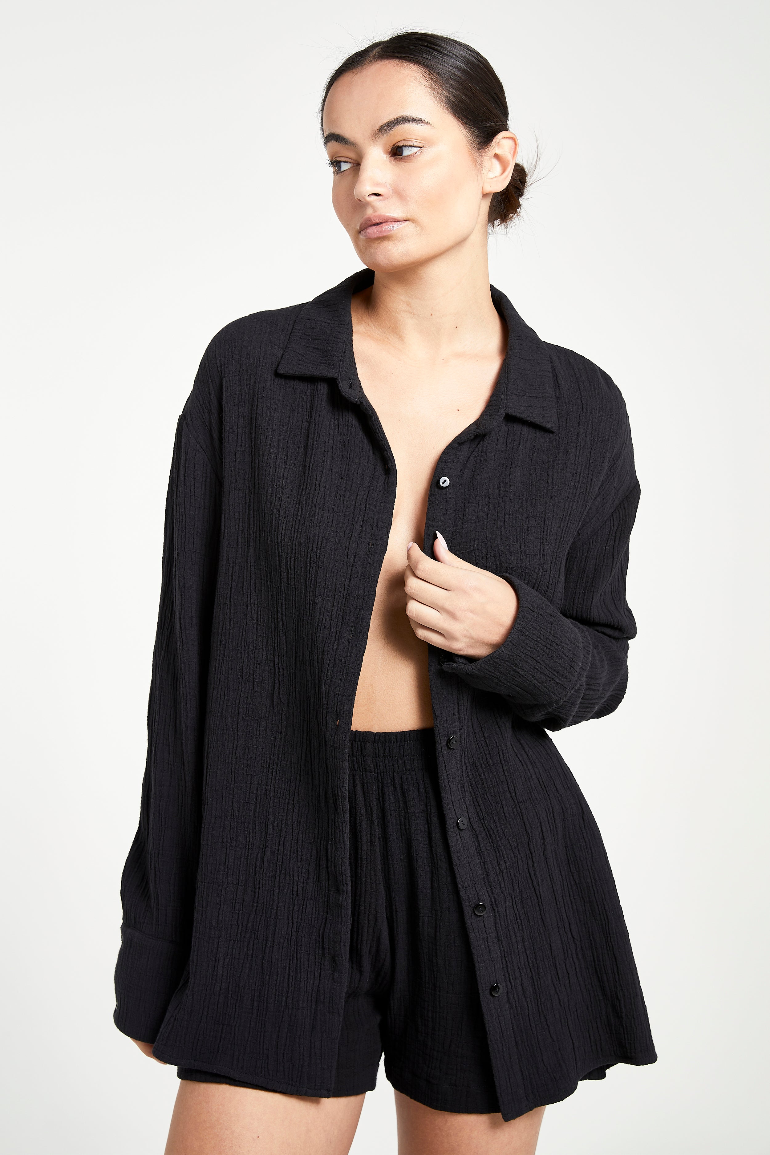 Cotton Crinkle Oversized Shirt - Black