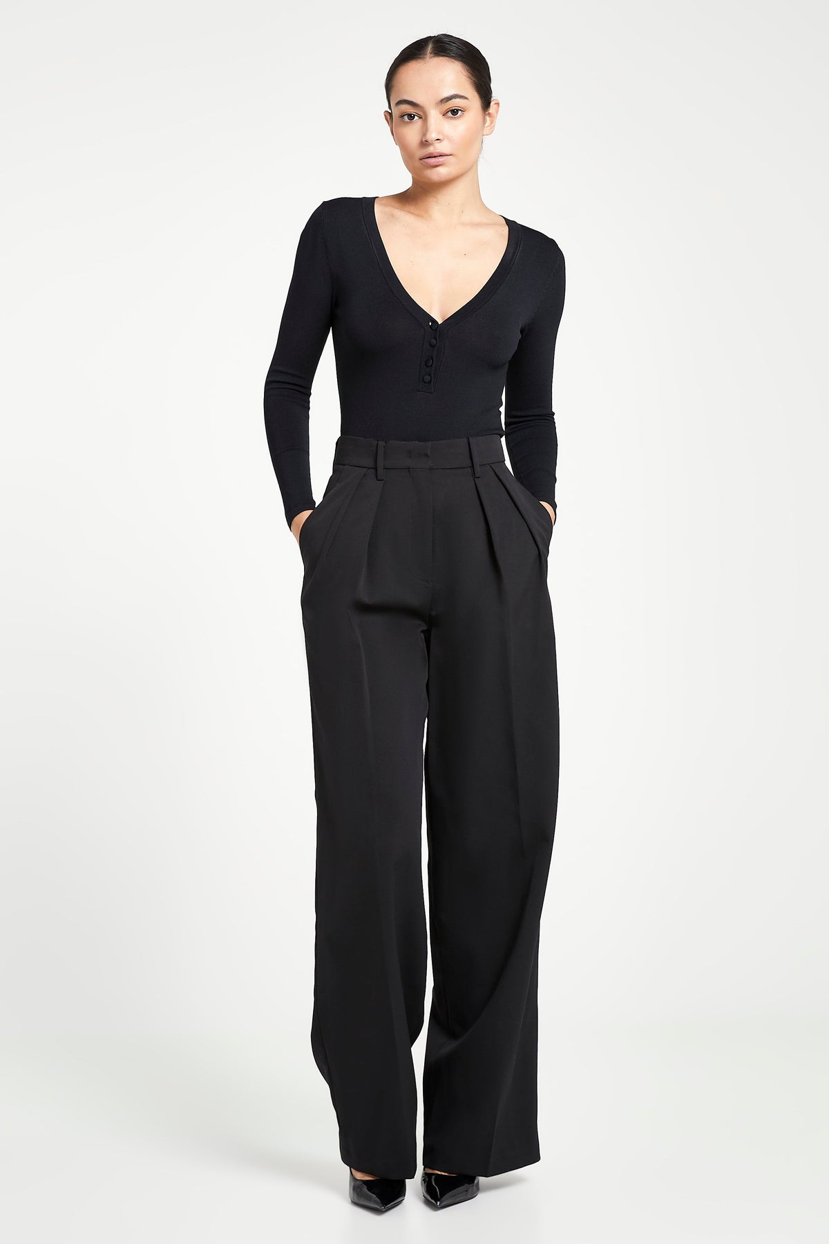 Fine Knit Henley Bodysuit - Black