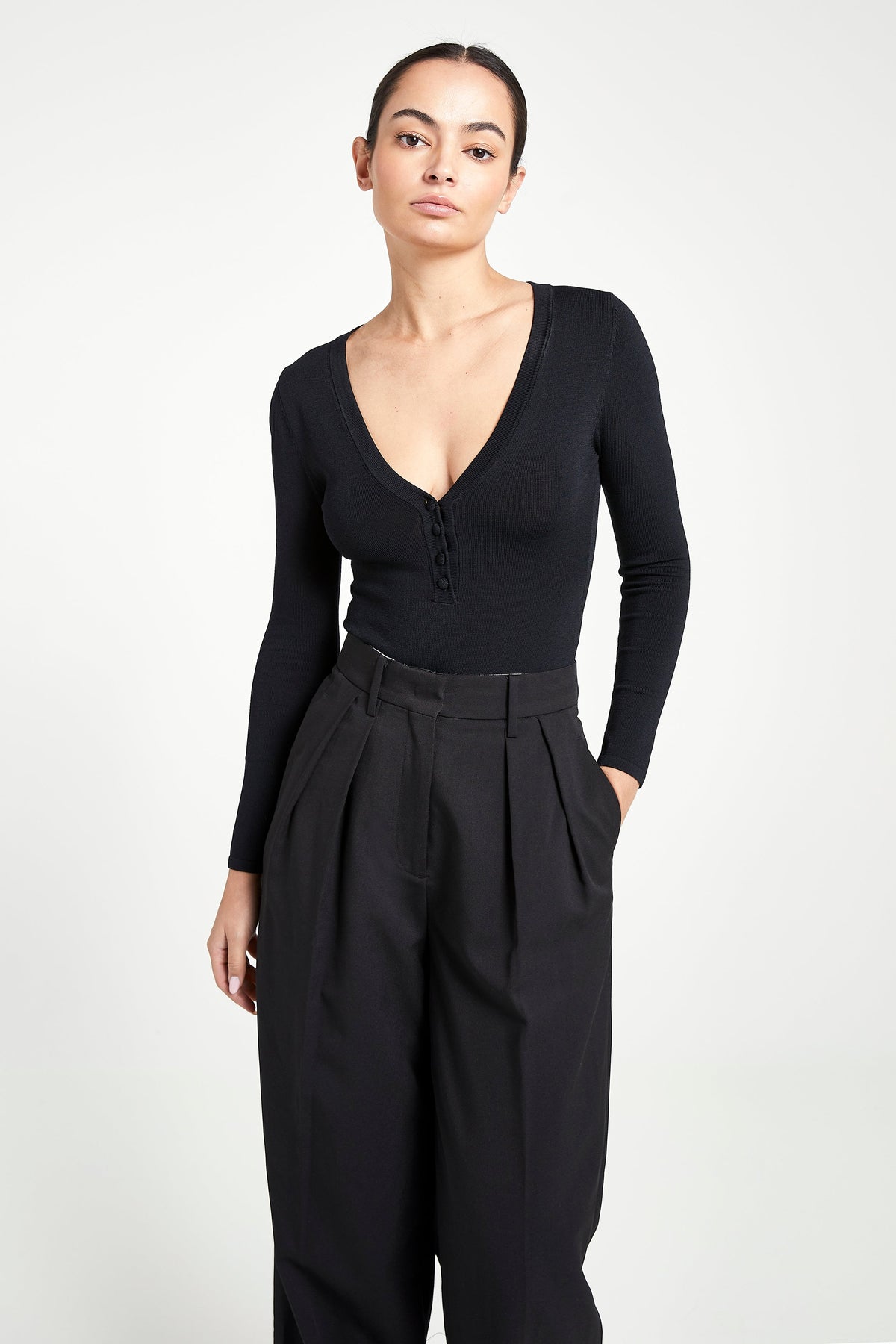 Fine Knit Henley Bodysuit - Black