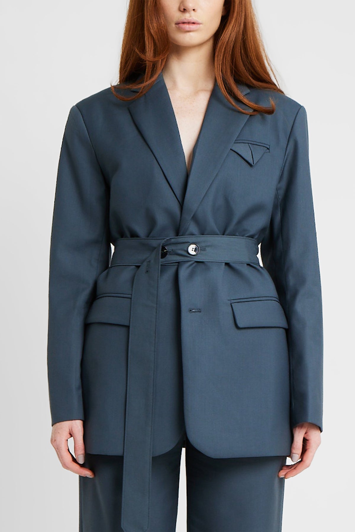 Single Breasted Blazer with Button Belt - Vintage Blue