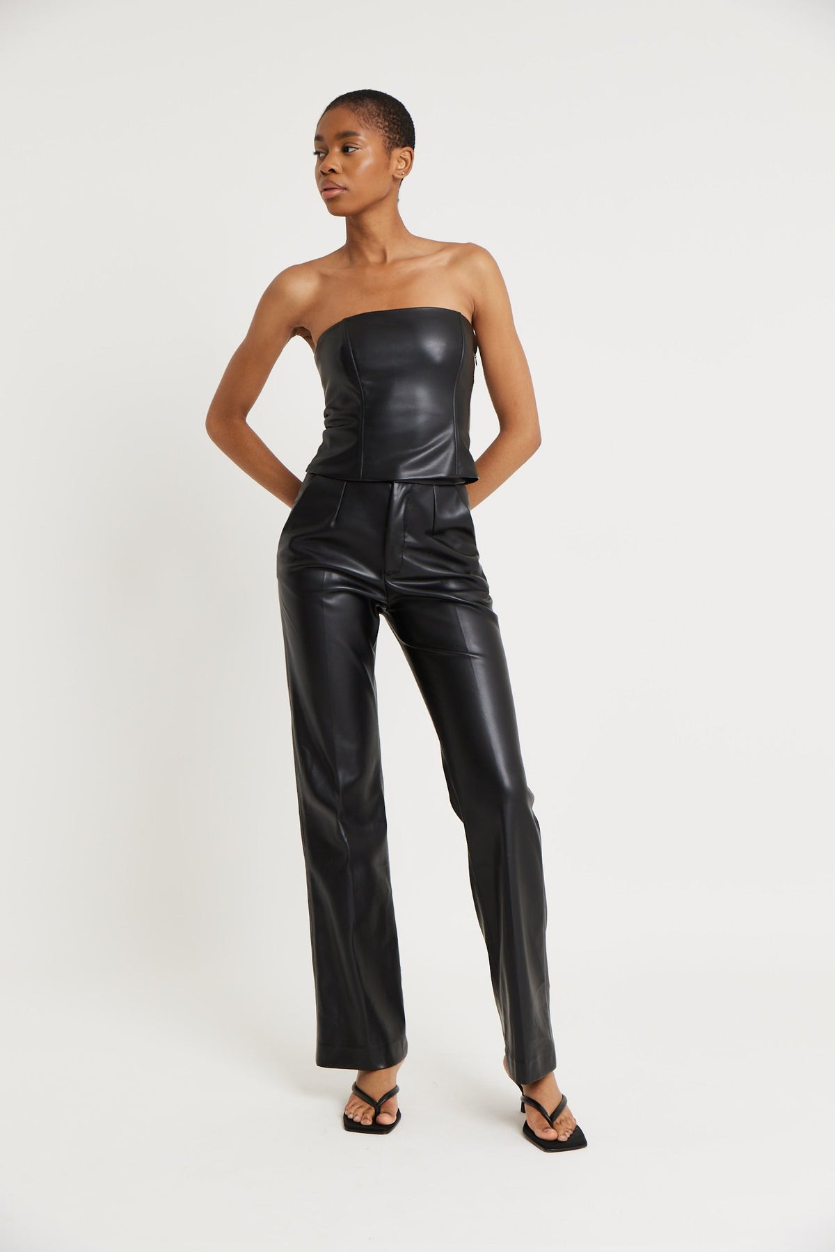 Tailored Leather Straight Leg Trousers - Black