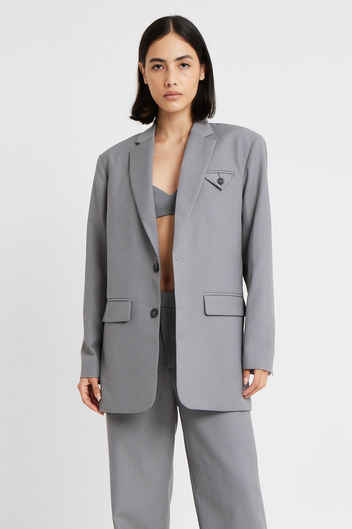 Single Breasted Blazer with Button Belt - Slate