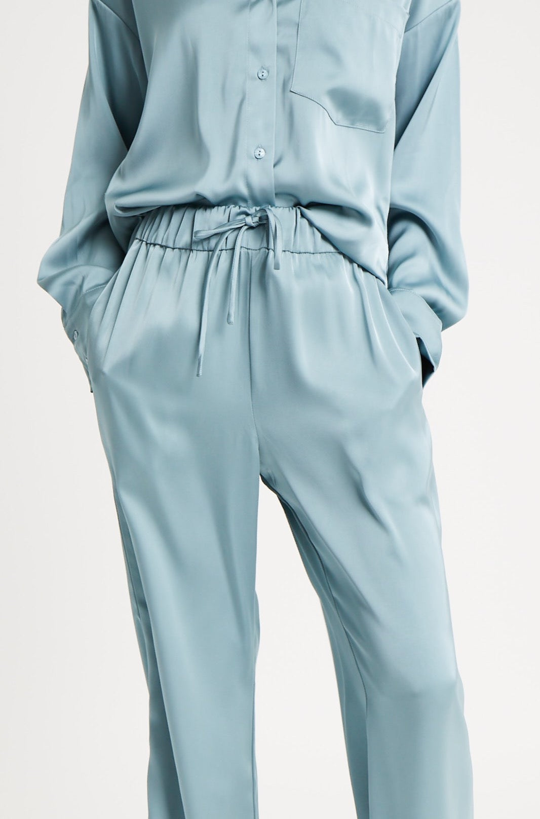 Relaxed Satin Drawstring Trousers - Mineral Blue