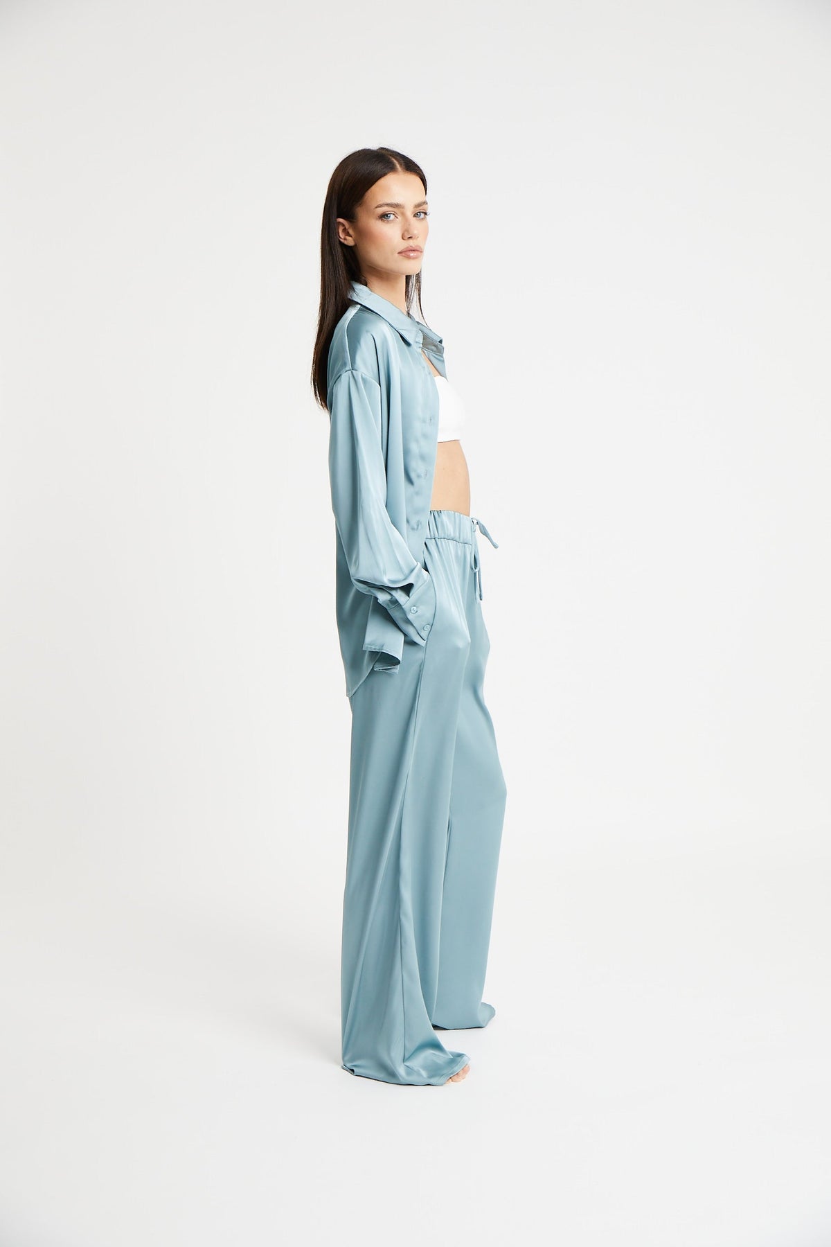 Relaxed Satin Drawstring Trousers - Mineral Blue