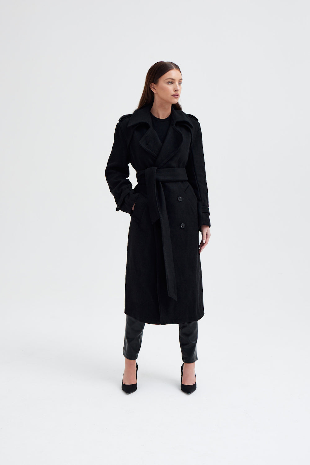 Wool Blend Belted Military Coat - Black