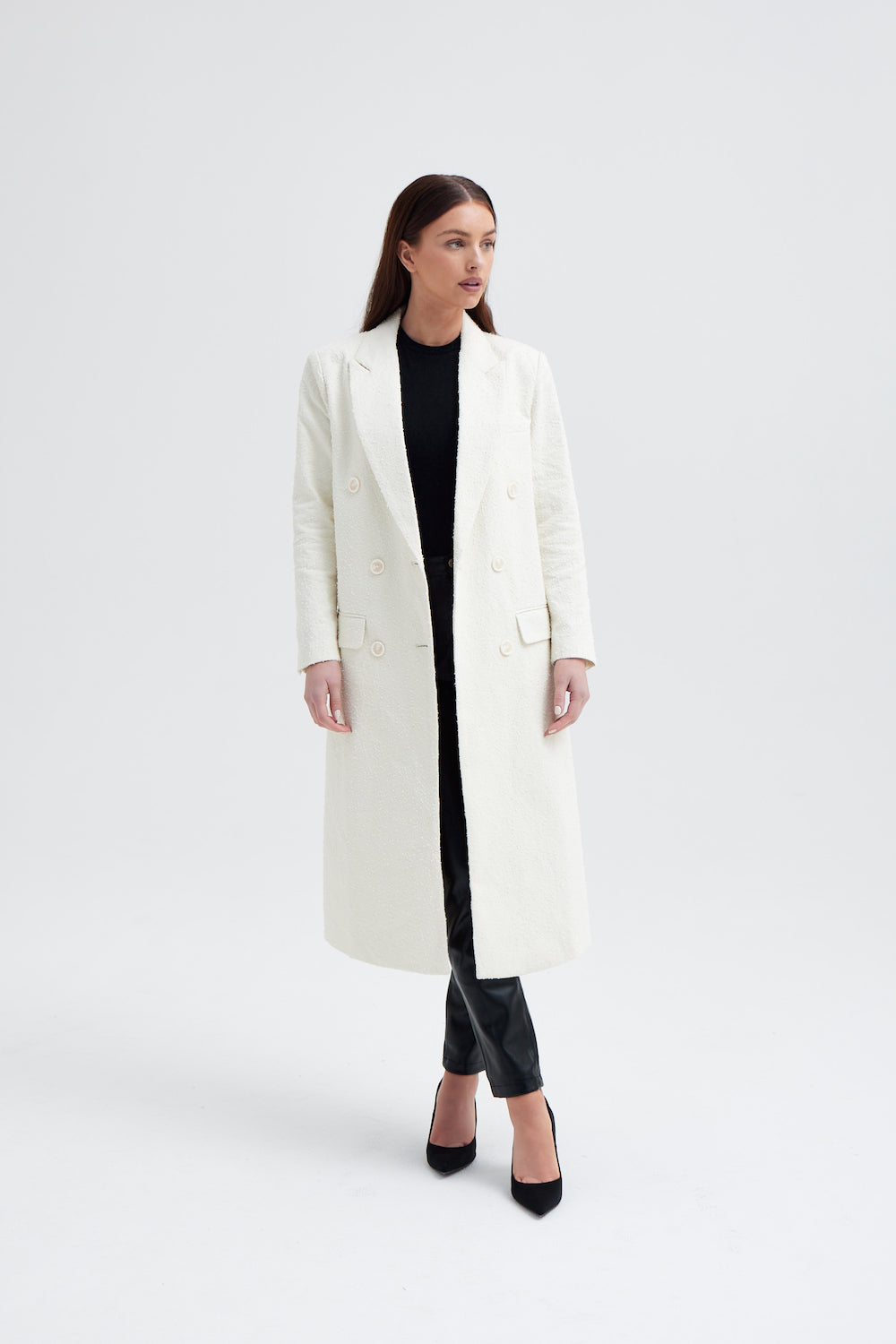 Double Breasted Boucle Coat - Cream
