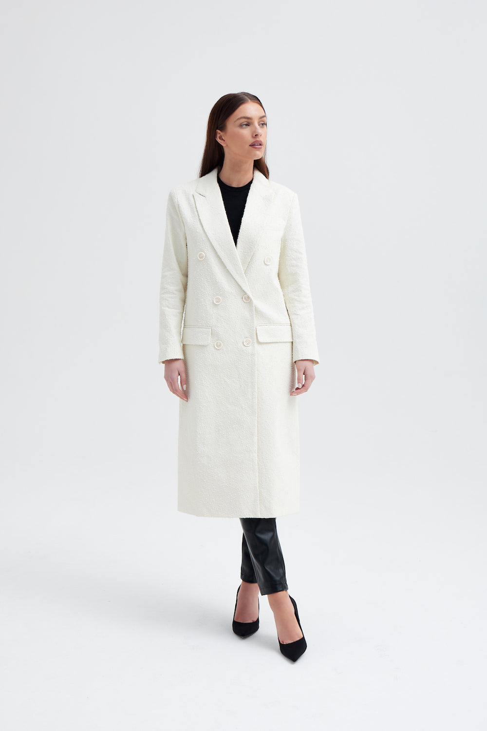 Double Breasted Boucle Coat - Cream