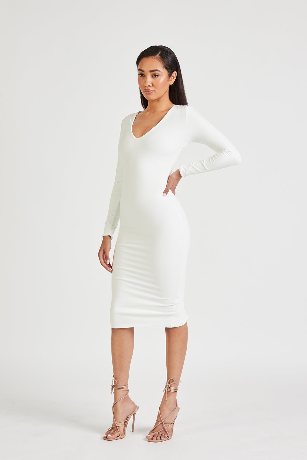 Longsleeve V Neck Midi Dress - Ivory