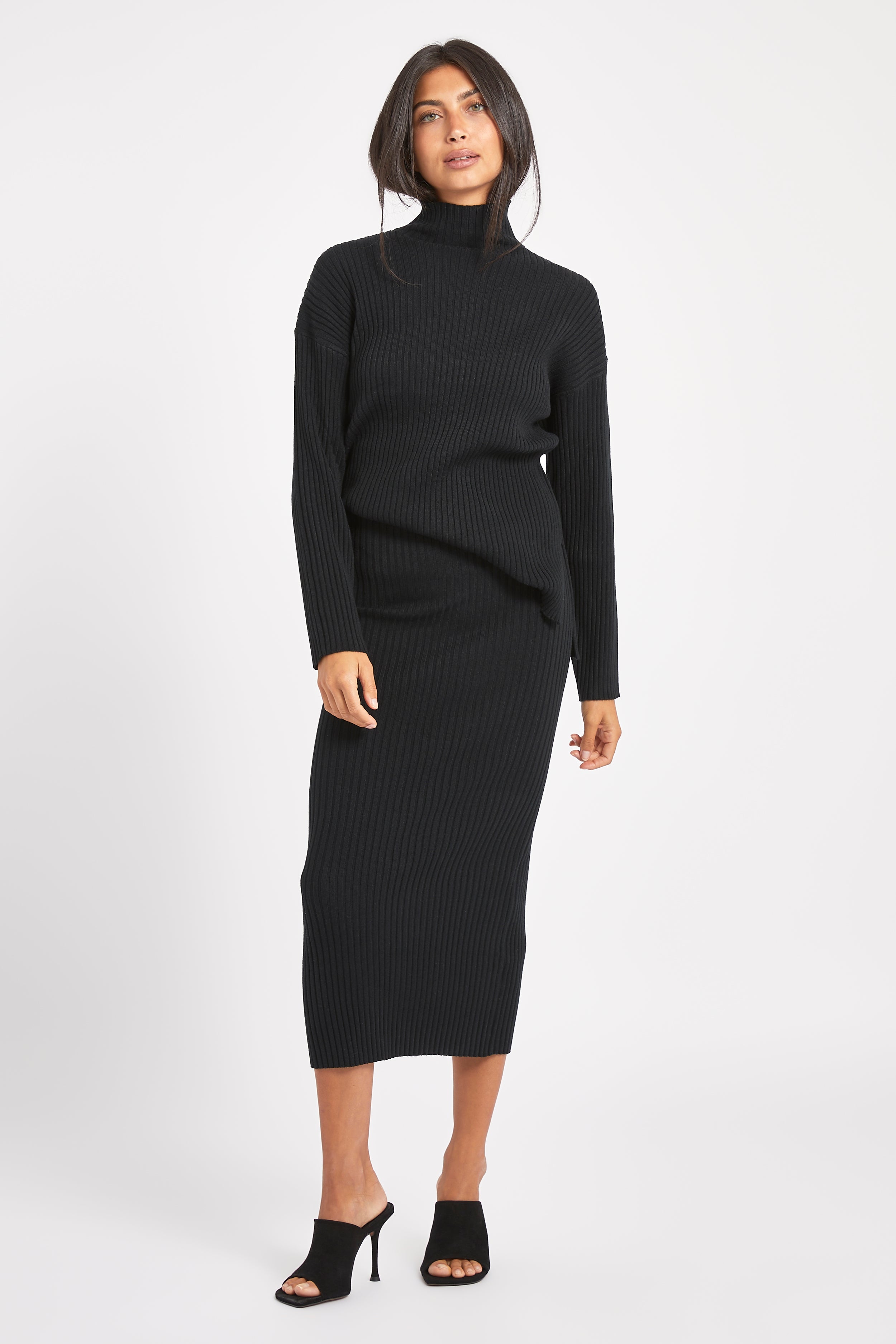 Ribbed Knit High Neck Jumper - Black