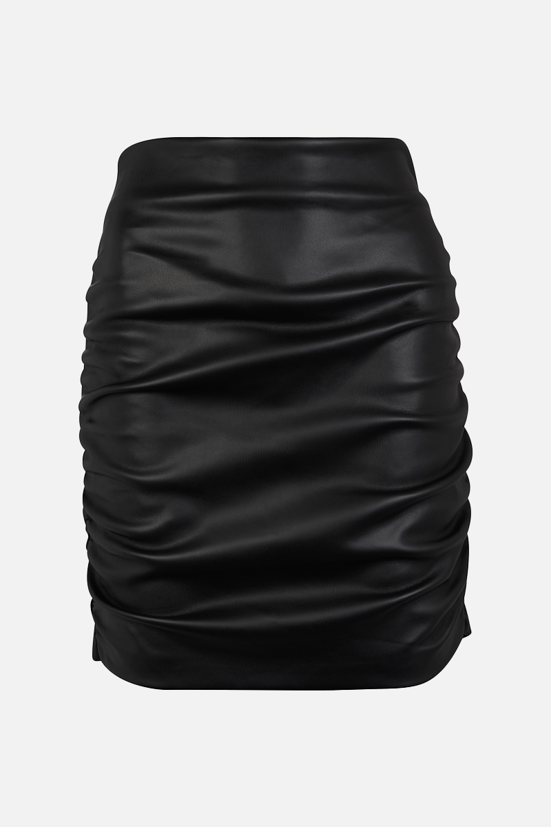 Ruched Leather Mini Skirt - Black