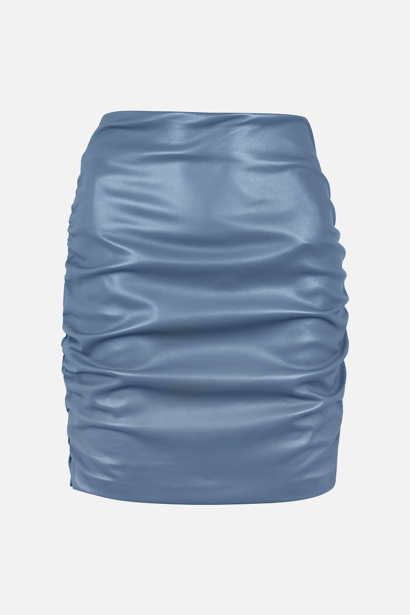 Ruched Leather Mini Skirt - Petrol Blue