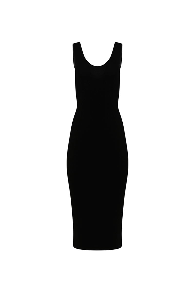 Scoop Neck Knit Midi Dress - Black